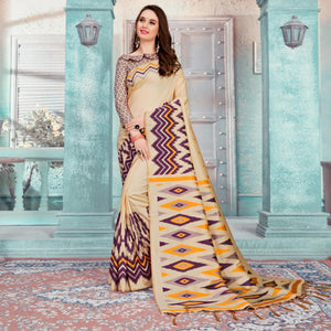 Blissful Beige-Purple Colored Festive Wear Printed Cotton Silk Saree With Tassels - Peachmode