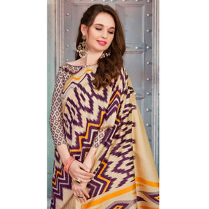 Blissful Beige-Purple Colored Festive Wear Printed Cotton Silk Saree With Tassels - Peachmode