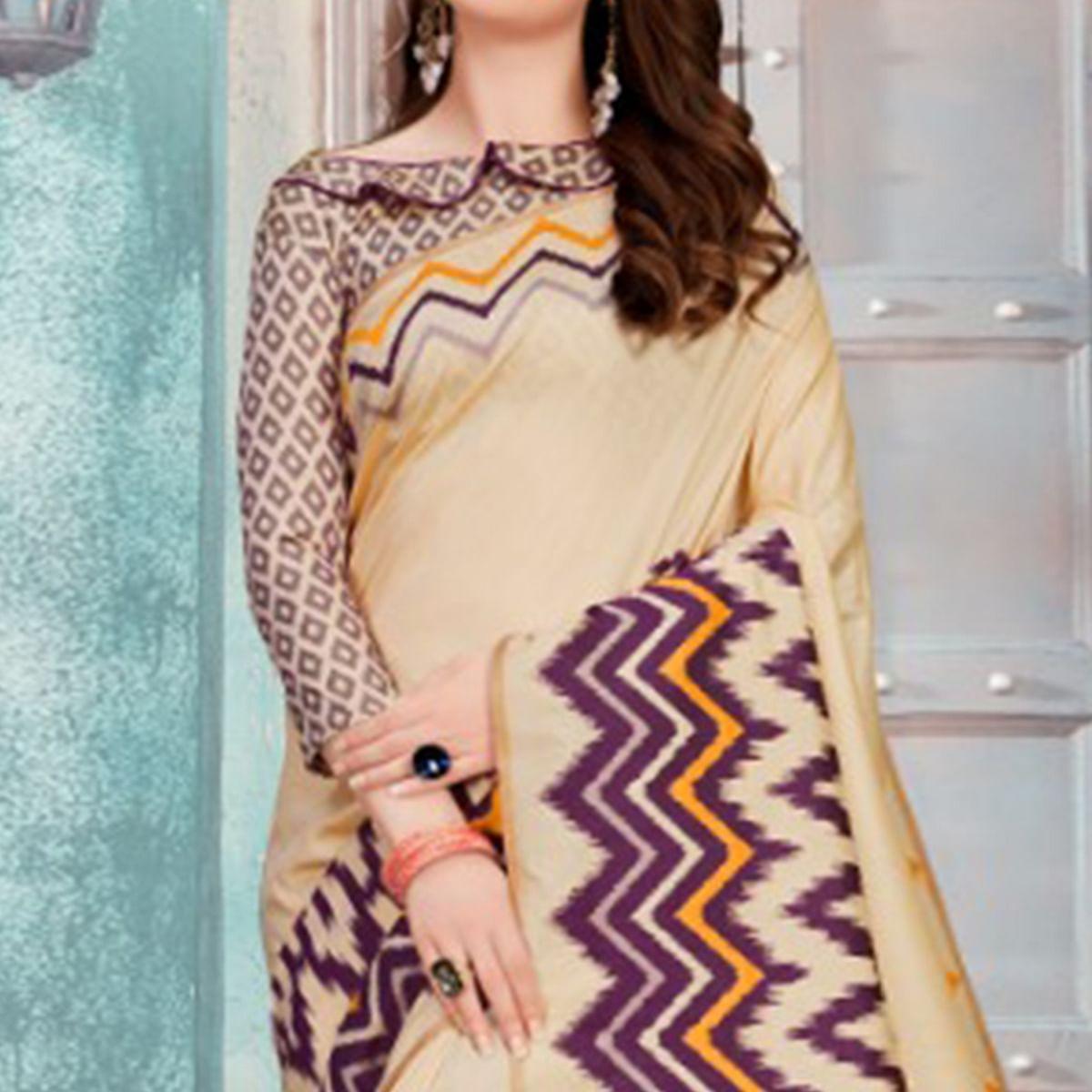 Blissful Beige-Purple Colored Festive Wear Printed Cotton Silk Saree With Tassels - Peachmode