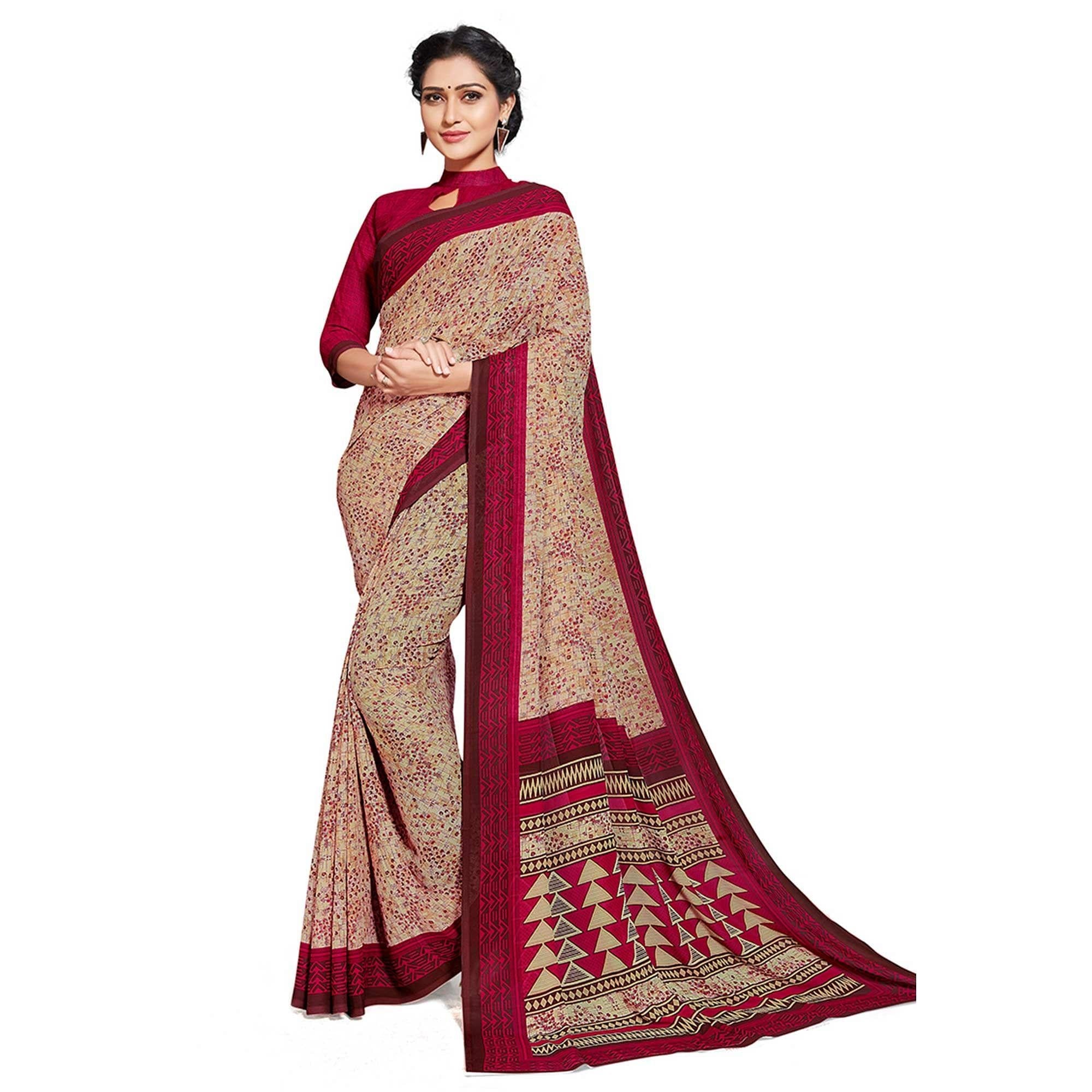 Blissful Beige-Red Colored Casual Printed Georgette Saree - Peachmode