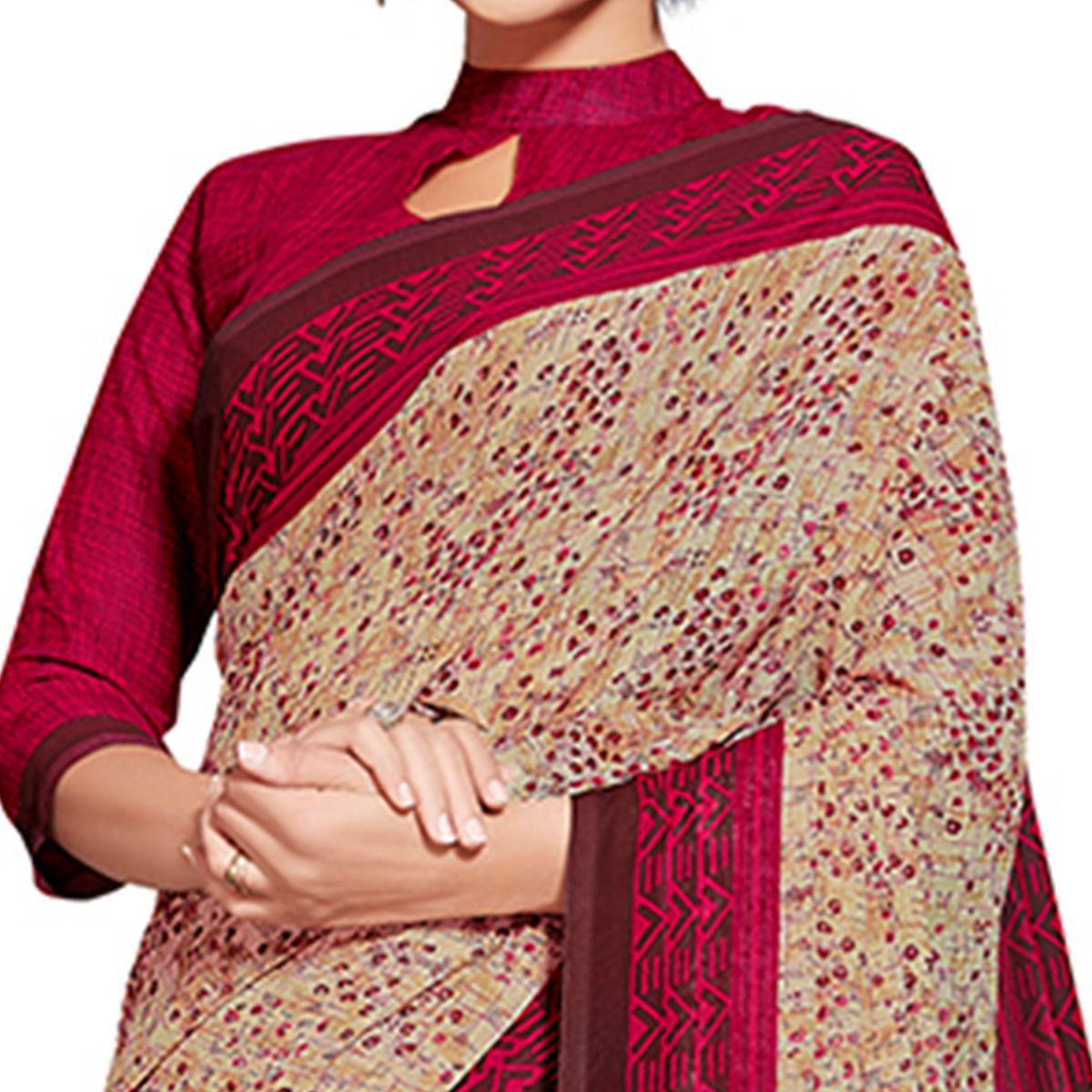 Blissful Beige-Red Colored Casual Printed Georgette Saree - Peachmode
