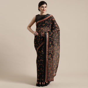 Blissful Black Colored Casual Wear Floral Printed Cotton Silk Saree - Peachmode