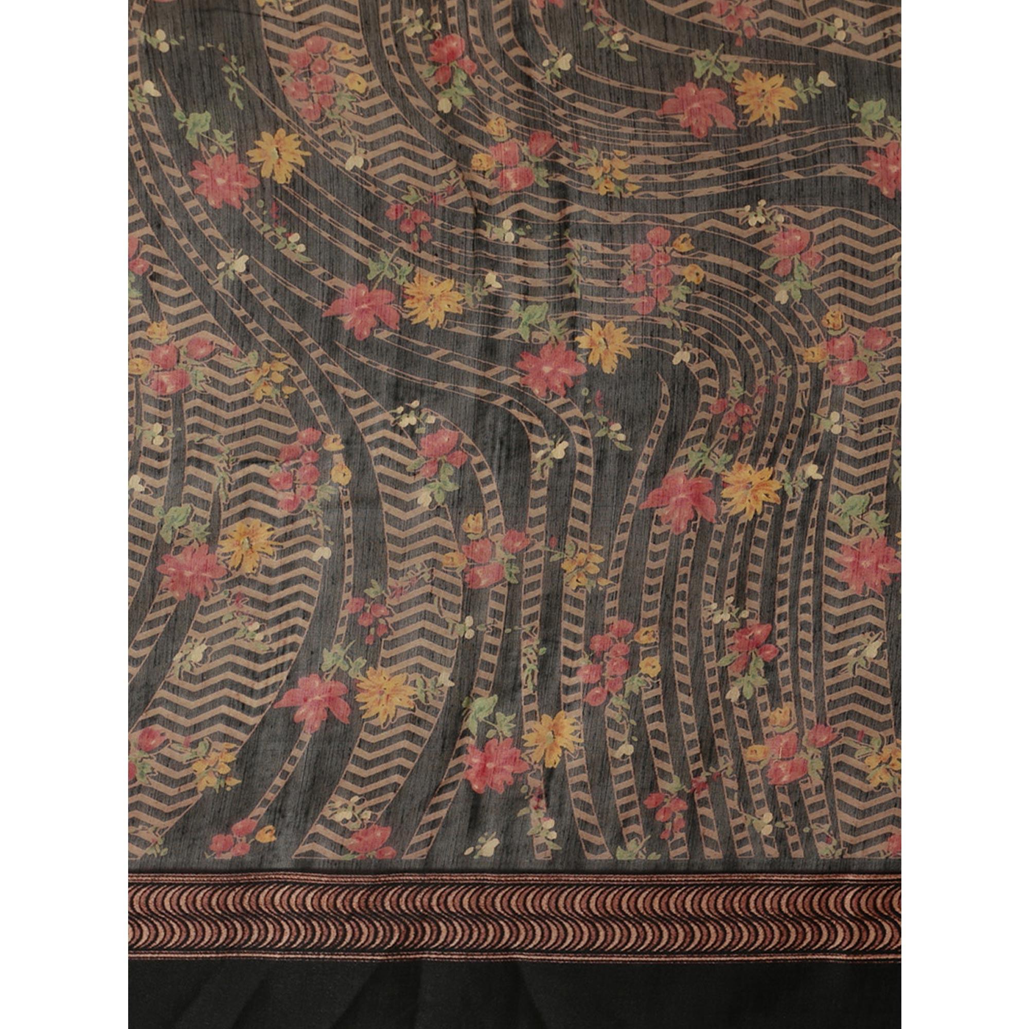 Blissful Black Colored Casual Wear Floral Printed Cotton Silk Saree - Peachmode