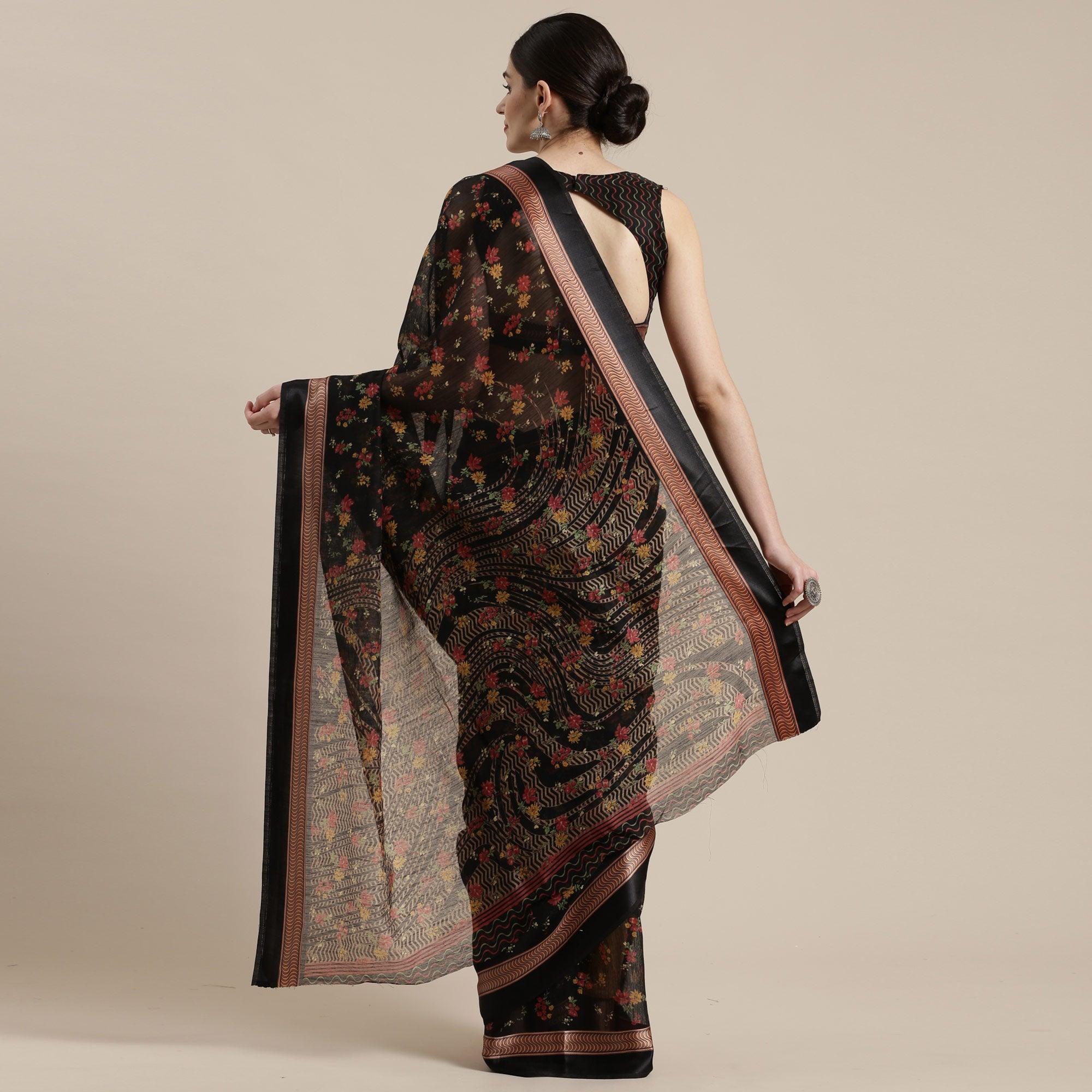 Blissful Black Colored Casual Wear Floral Printed Cotton Silk Saree - Peachmode