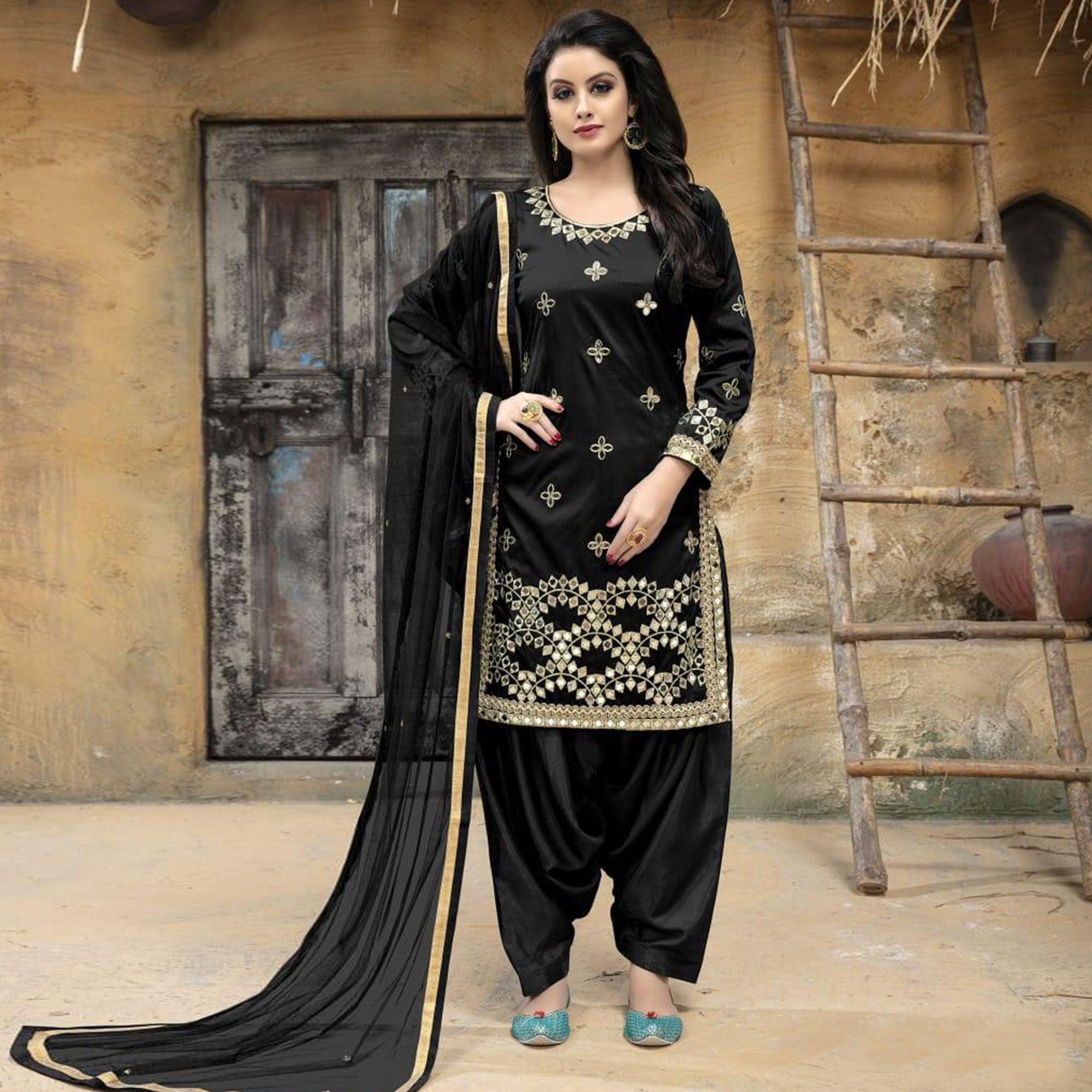 Blissful Black Colored Party Wear Embroidered Tapetta Silk Suit - Peachmode
