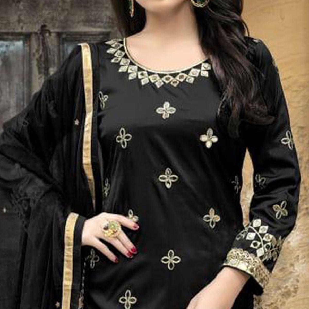 Blissful Black Colored Party Wear Embroidered Tapetta Silk Suit - Peachmode