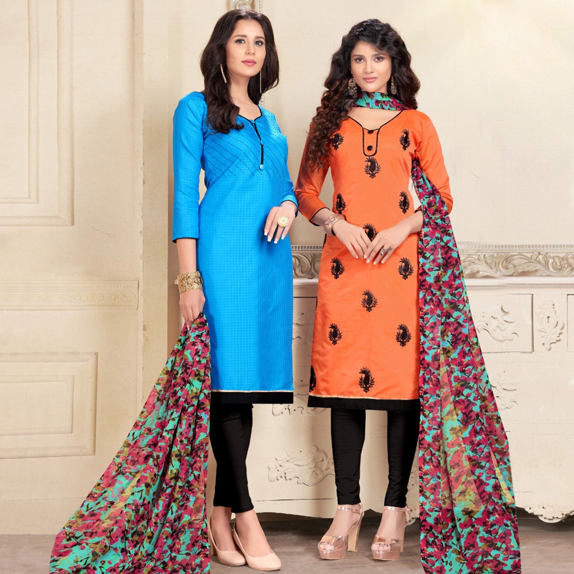 Blissful Blue And Orange Colored Dual Top Chanderi - Cotton Dress Material - Peachmode