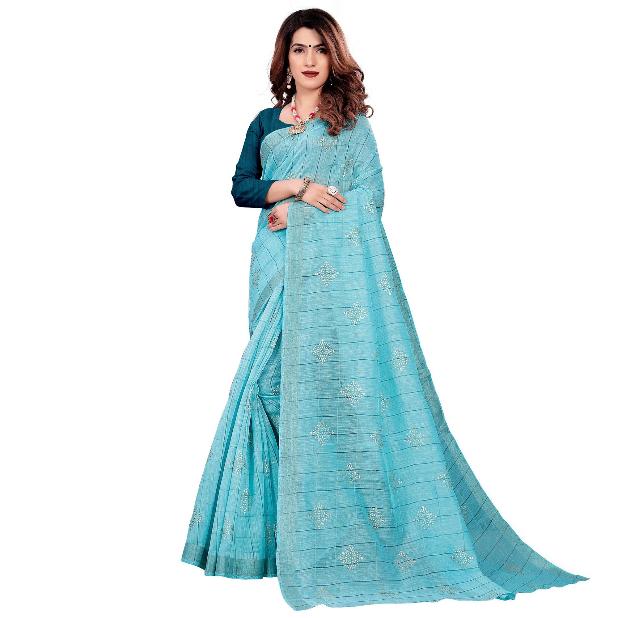Blissful Blue Colored Casual Wear Printed Cotton Saree - Peachmode