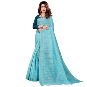 Blissful Blue Colored Casual Wear Printed Cotton Saree - Peachmode