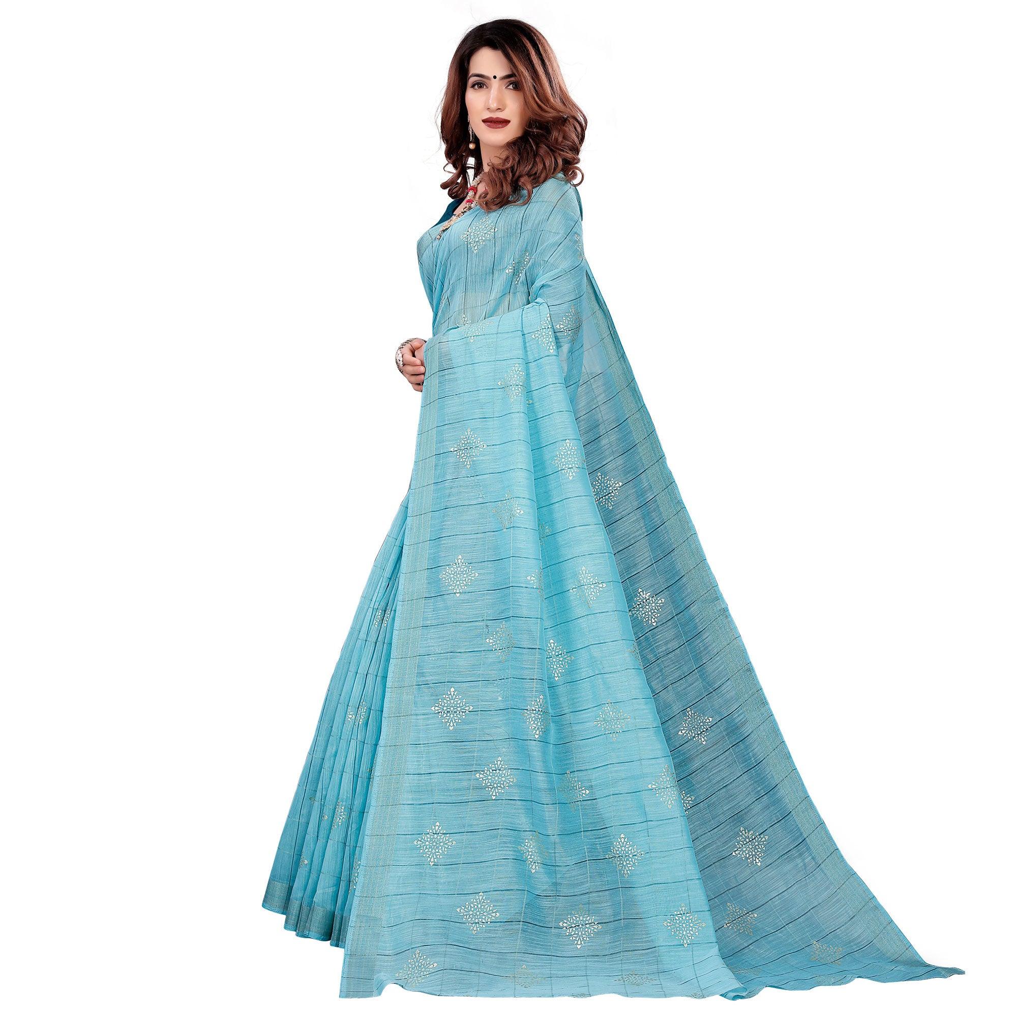 Blissful Blue Colored Casual Wear Printed Cotton Saree - Peachmode
