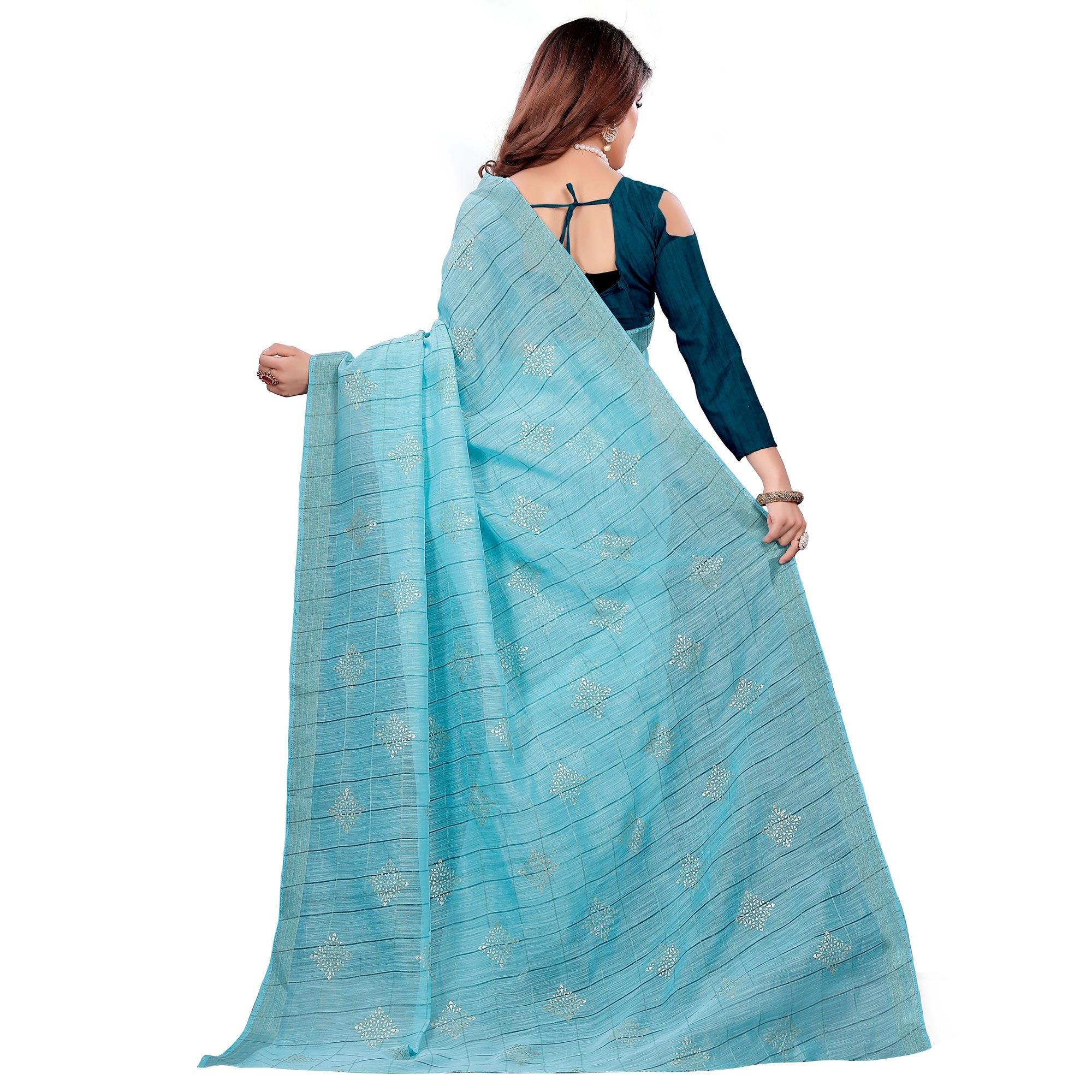 Blissful Blue Colored Casual Wear Printed Cotton Saree - Peachmode