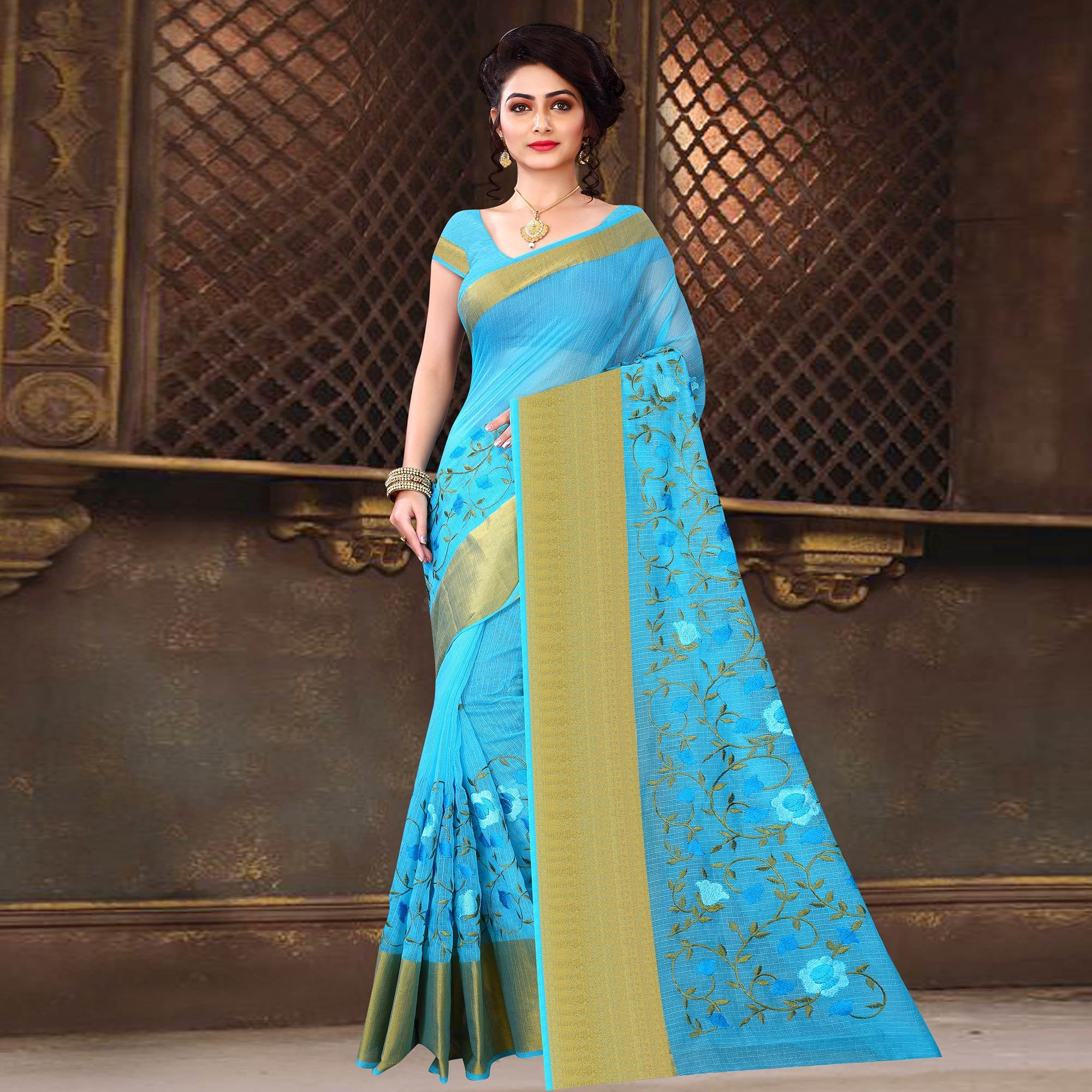 Blissful Blue Colored Casual Wear Printed Net Saree - Peachmode