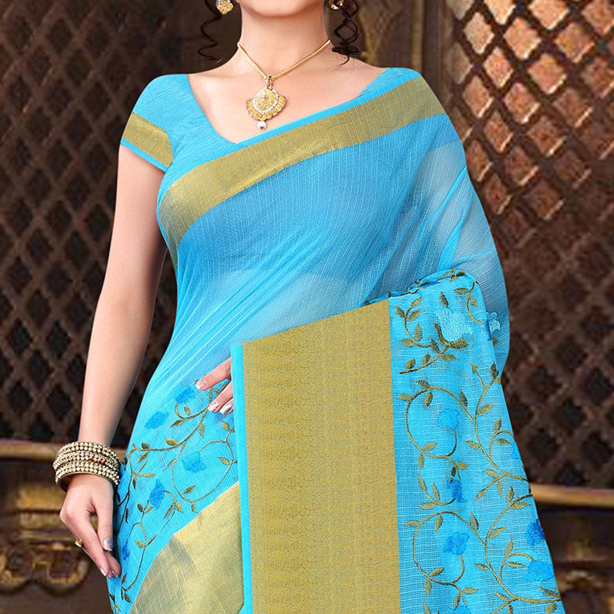 Blissful Blue Colored Casual Wear Printed Net Saree - Peachmode