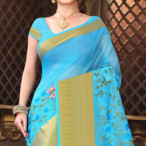Blissful Blue Colored Casual Wear Printed Net Saree - Peachmode