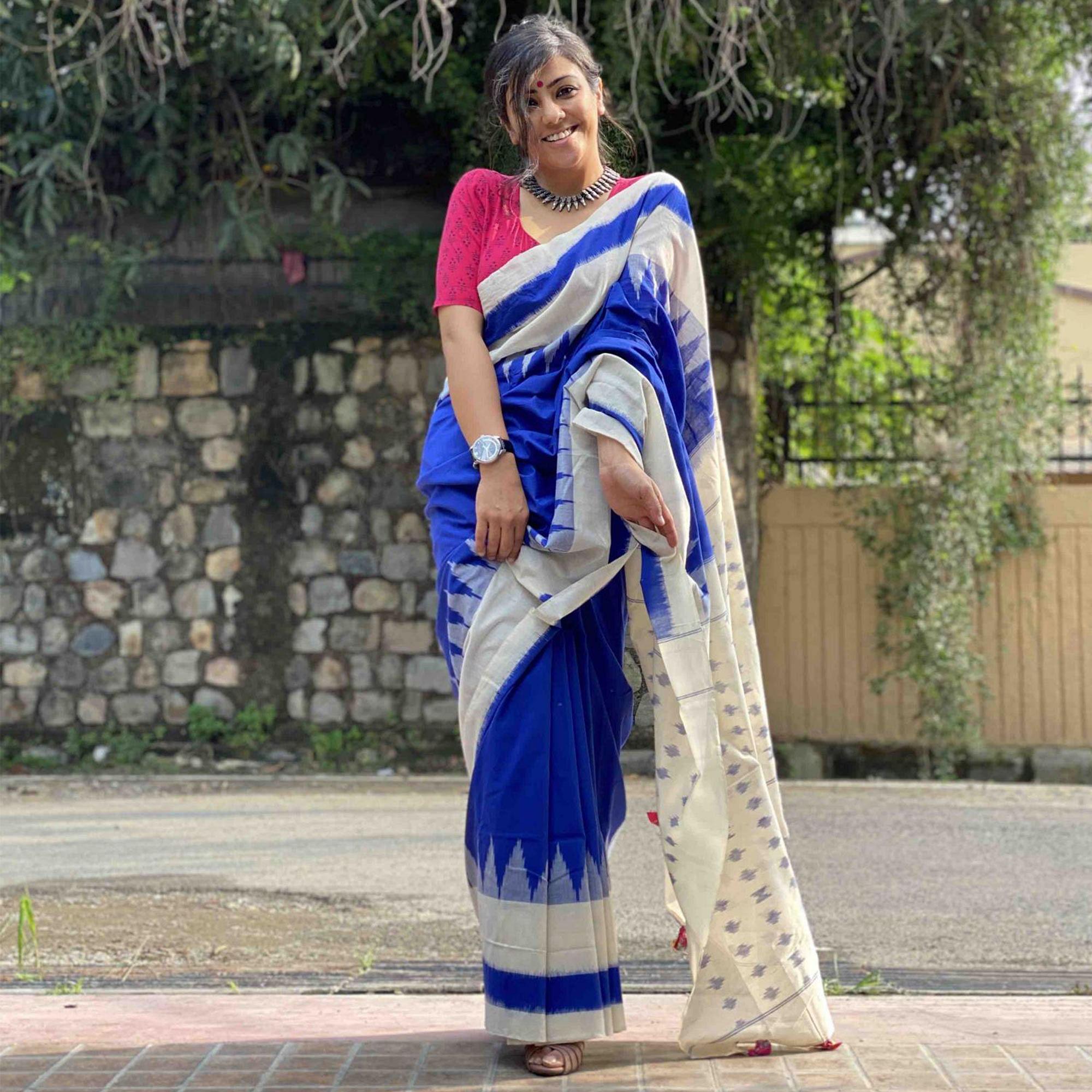 Blissful Blue Colored Casual Wear Printed Silk Saree - Peachmode