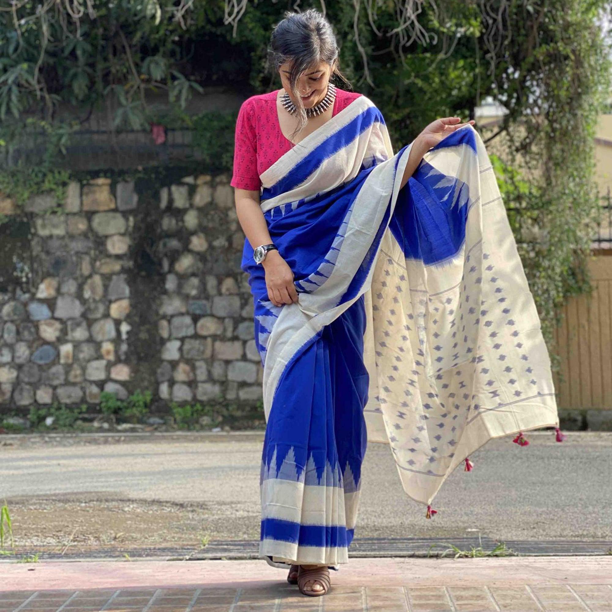 Blissful Blue Colored Casual Wear Printed Silk Saree - Peachmode