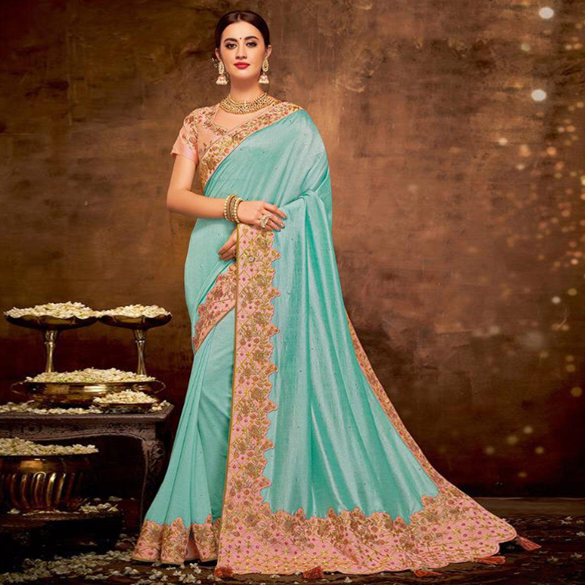 Blissful Blue Colored Partywear Embroidered Silk-Georgette Saree - Peachmode
