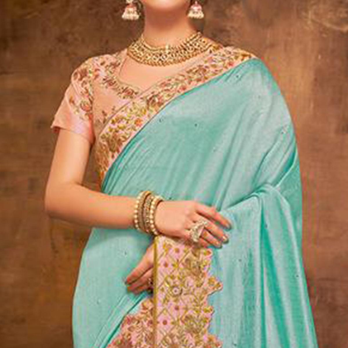 Blissful Blue Colored Partywear Embroidered Silk-Georgette Saree - Peachmode
