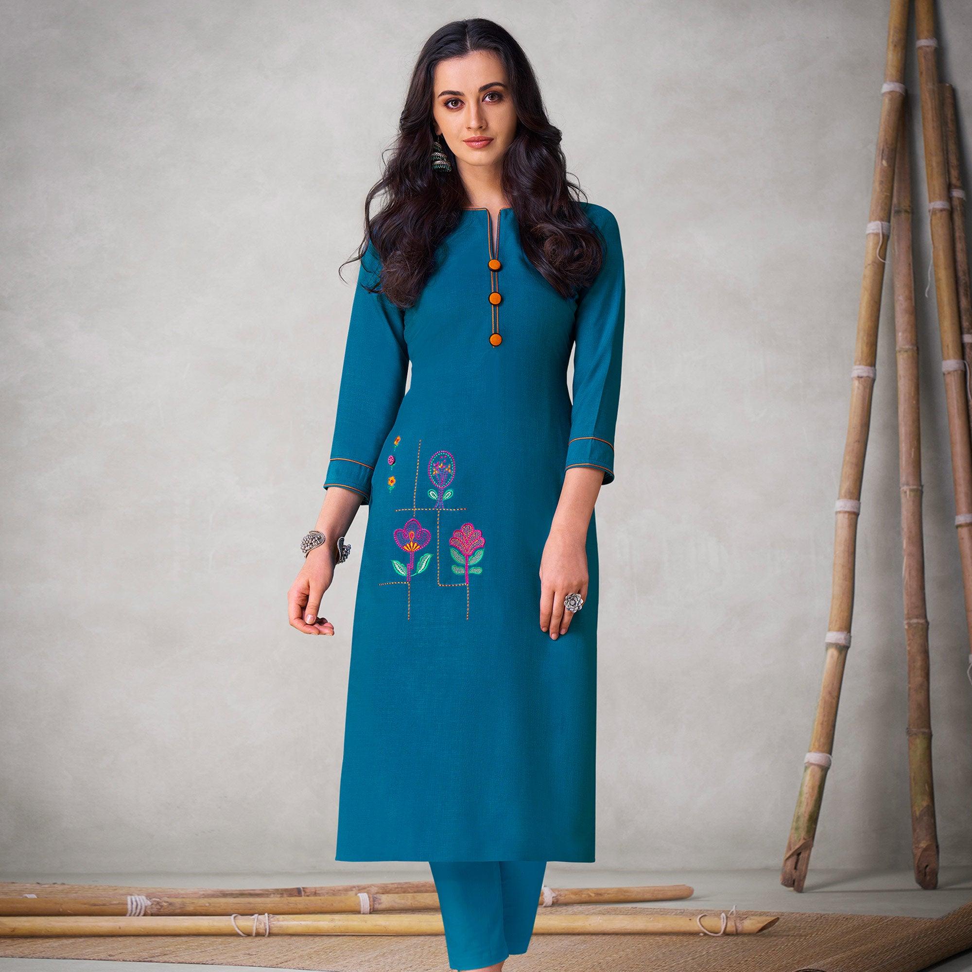 Blissful Blue Colored Partywear Embroidered Viscose Kurti - Peachmode
