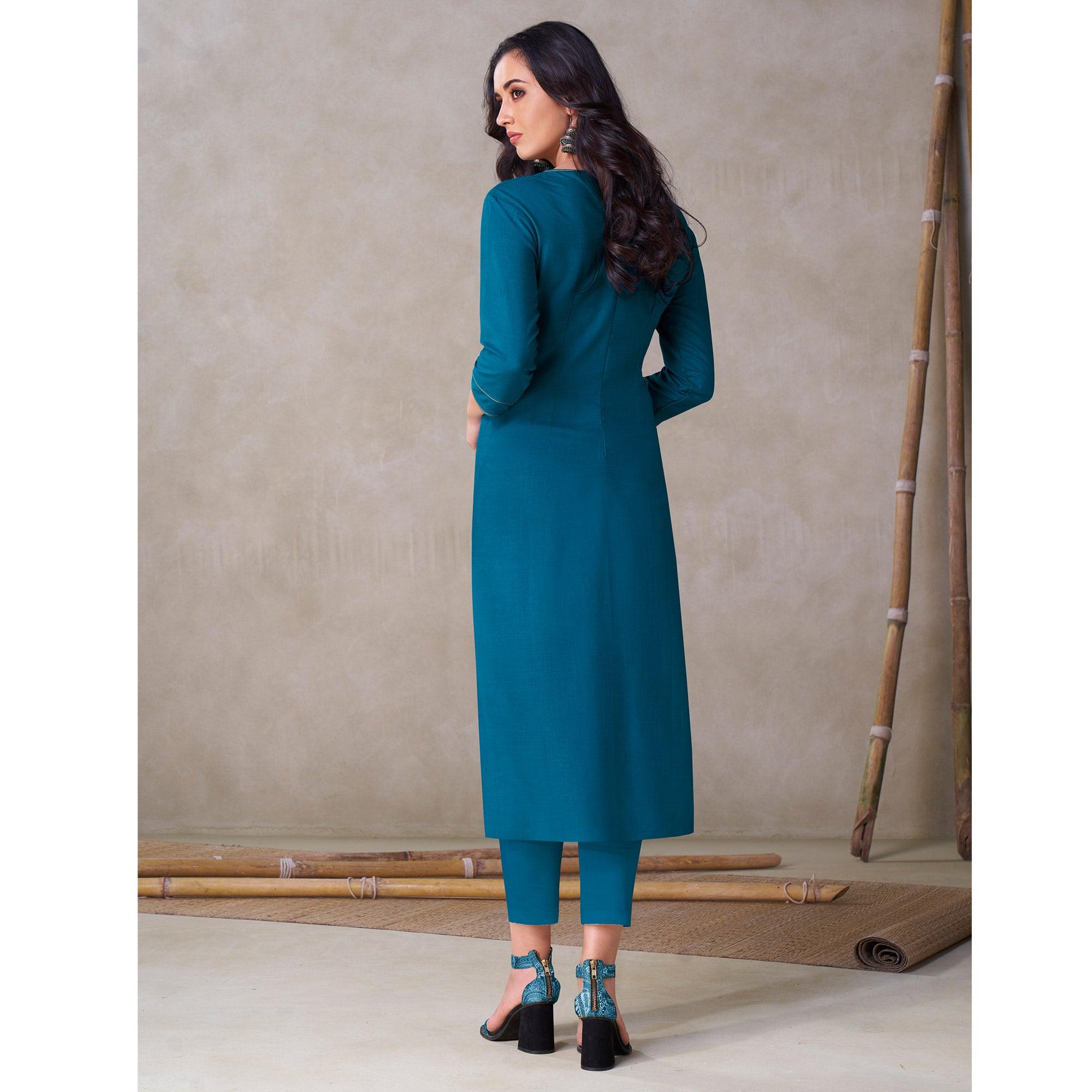 Blissful Blue Colored Partywear Embroidered Viscose Kurti - Peachmode