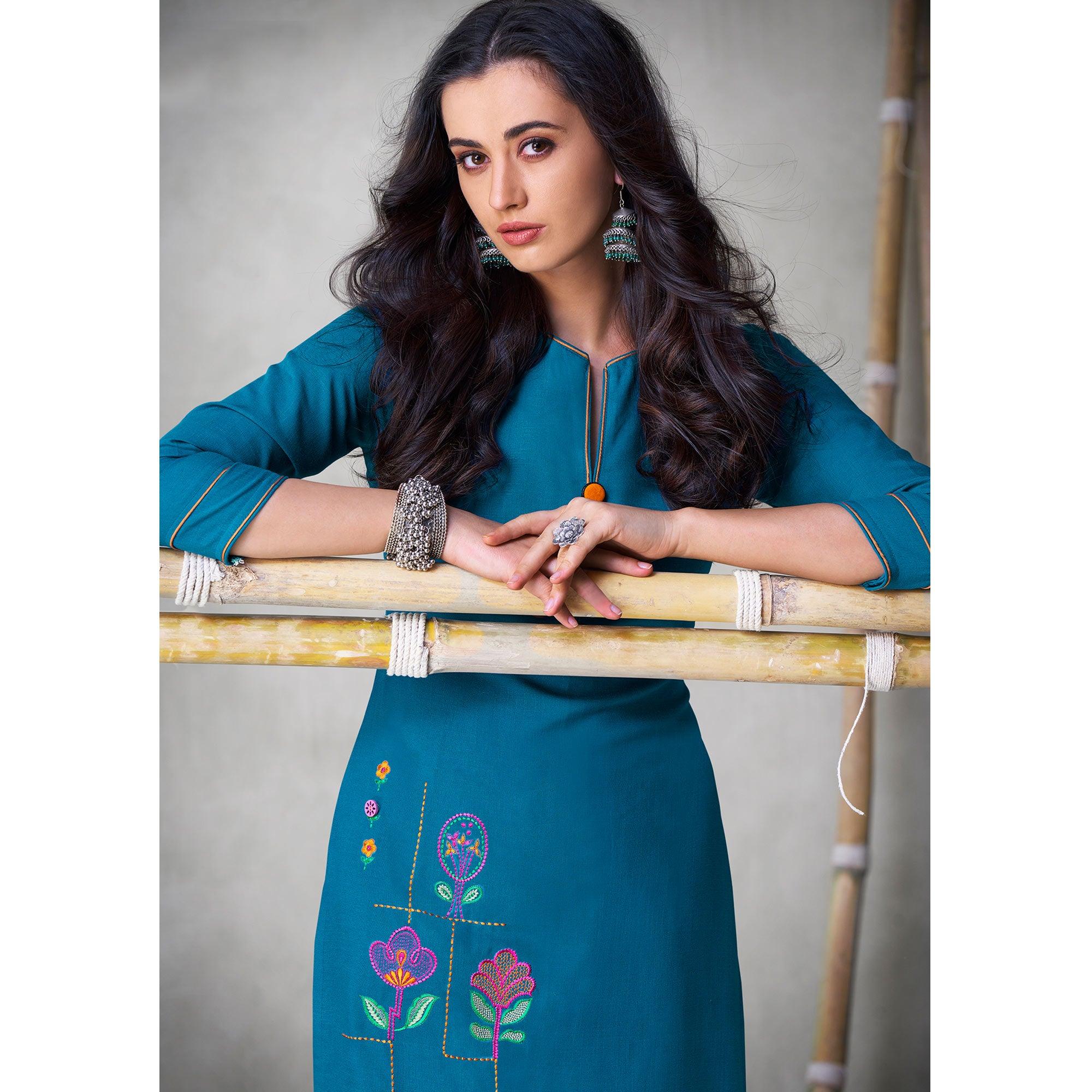 Blissful Blue Colored Partywear Embroidered Viscose Kurti - Peachmode