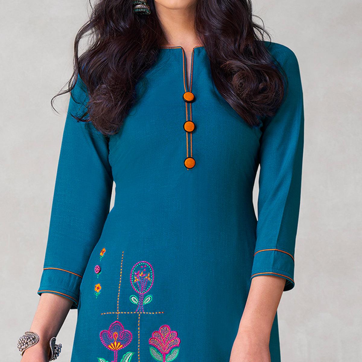 Blissful Blue Colored Partywear Embroidered Viscose Kurti - Peachmode
