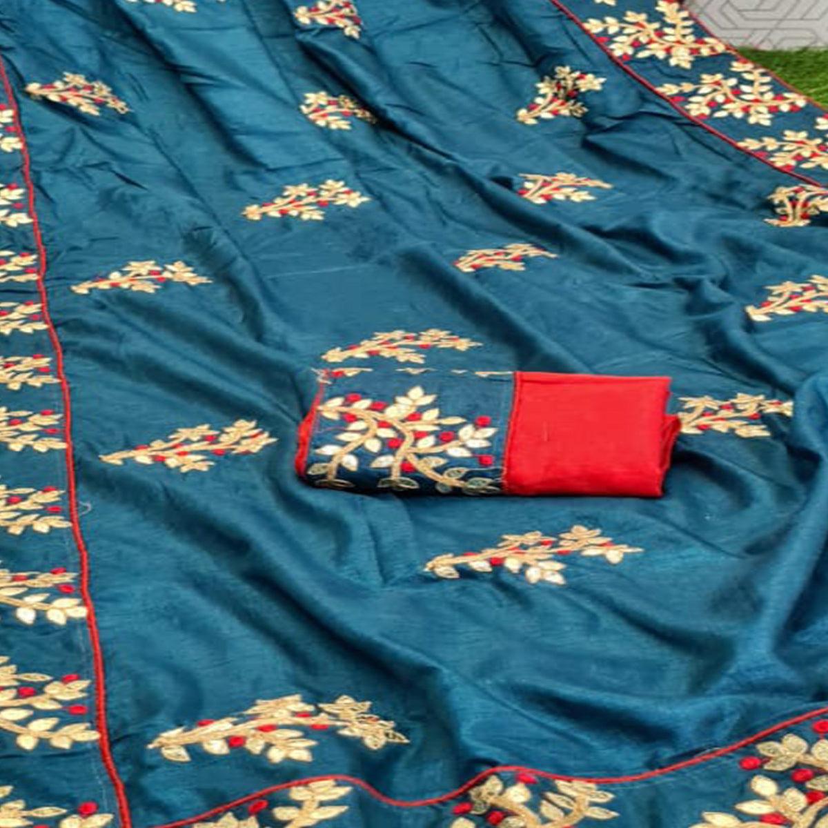 Blissful Blue Coloured Casual Wear Printed Dola Silk Saree - Peachmode