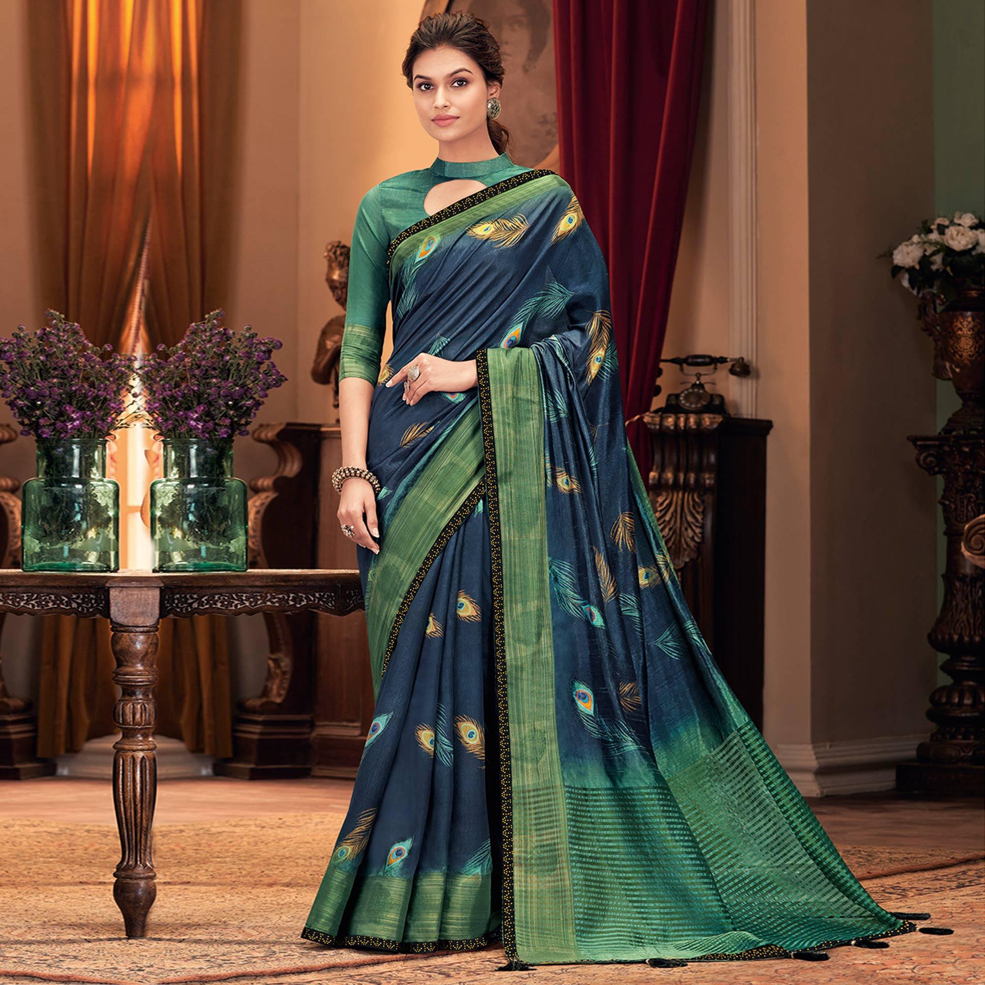Blissful Blue-Green Colored Festive Wear Printed And Woven Border Silk Saree - Peachmode