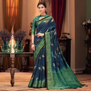 Blissful Blue-Green Colored Festive Wear Printed And Woven Border Silk Saree - Peachmode