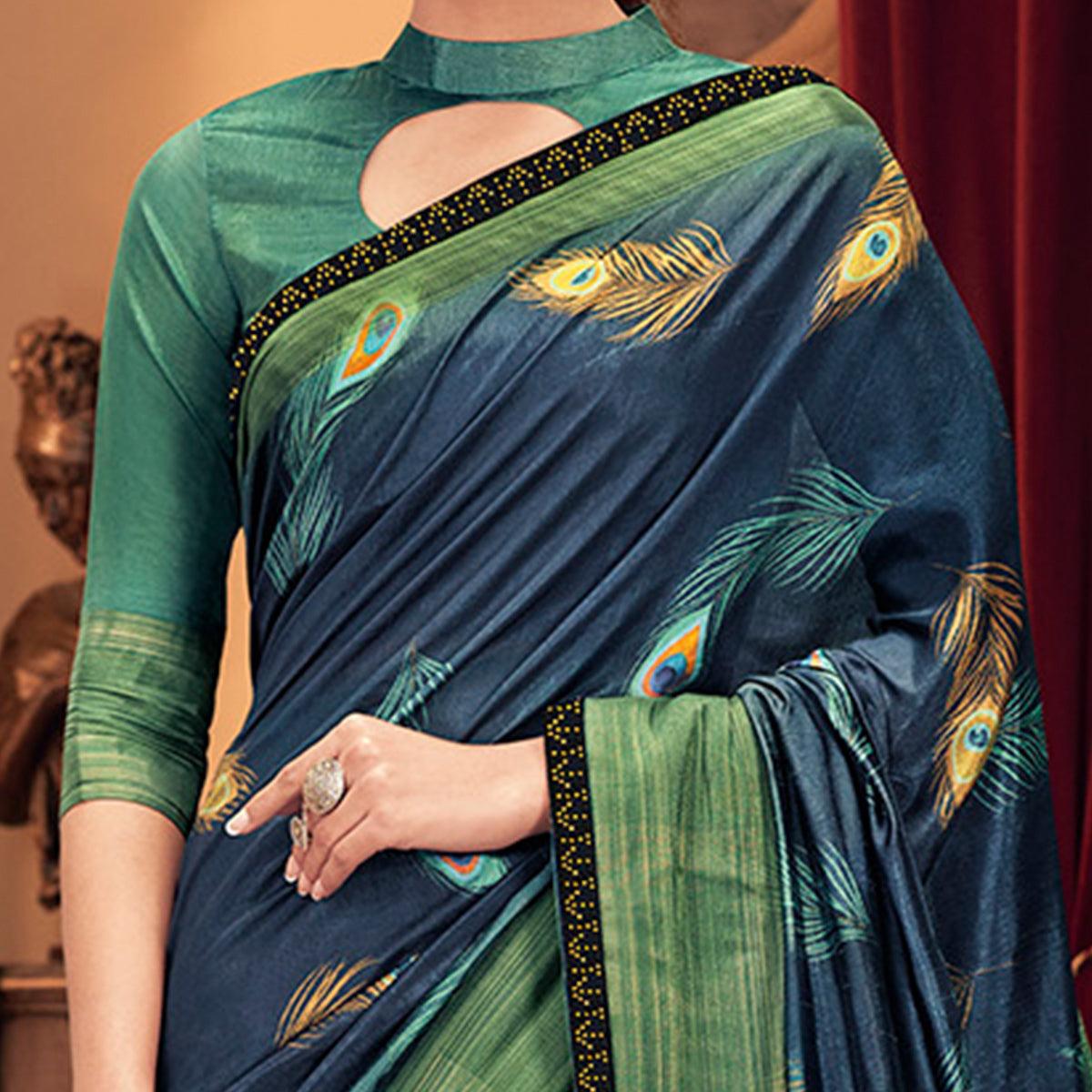 Blissful Blue-Green Colored Festive Wear Printed And Woven Border Silk Saree - Peachmode