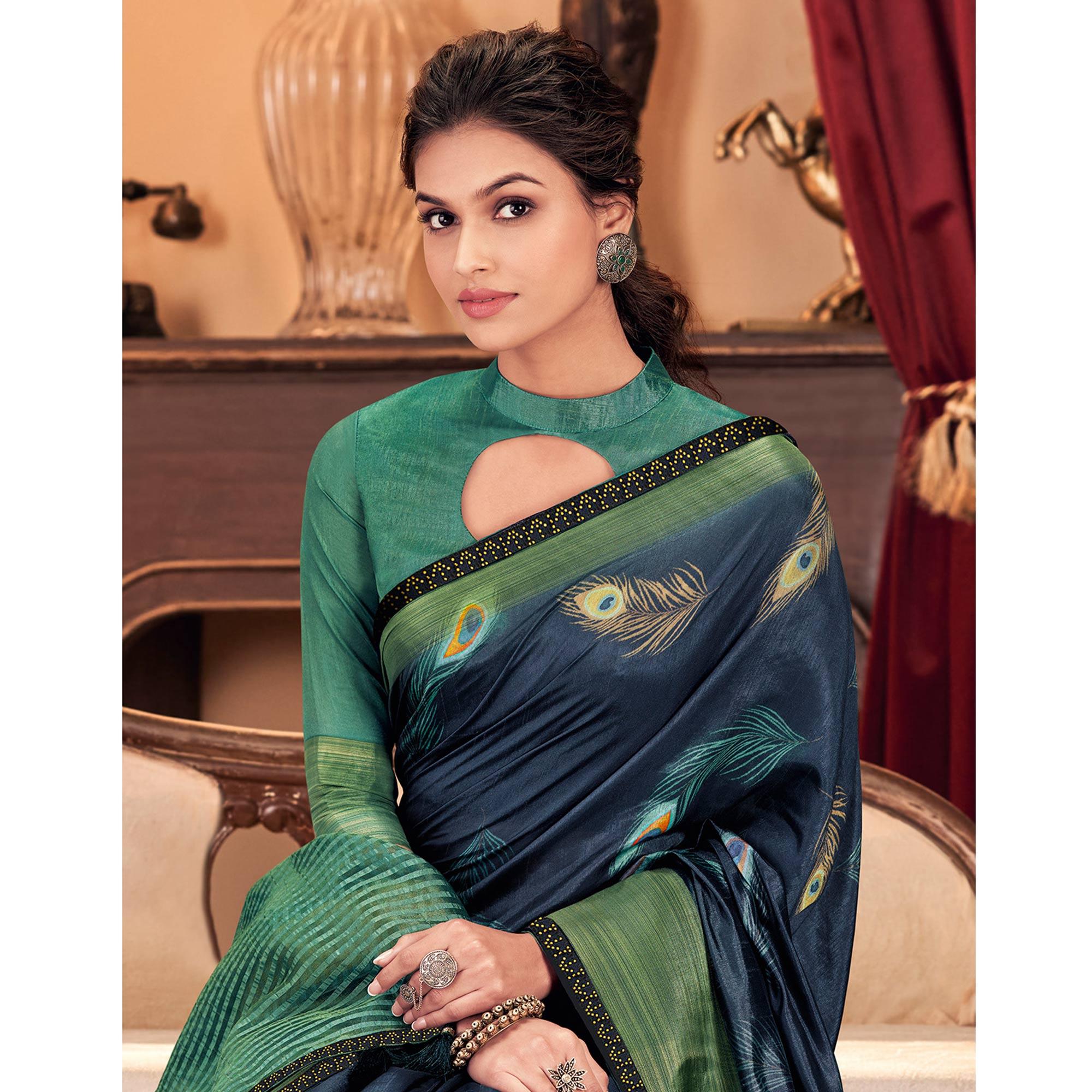 Blissful Blue-Green Colored Festive Wear Printed And Woven Border Silk Saree - Peachmode