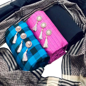 Blissful Blue - Pink Colored Casual Dual Top Cotton Dress Material - Peachmode