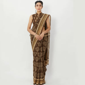 Blissful Brown Colored Casual Wear Floral Printed Linen Silk Saree - Peachmode