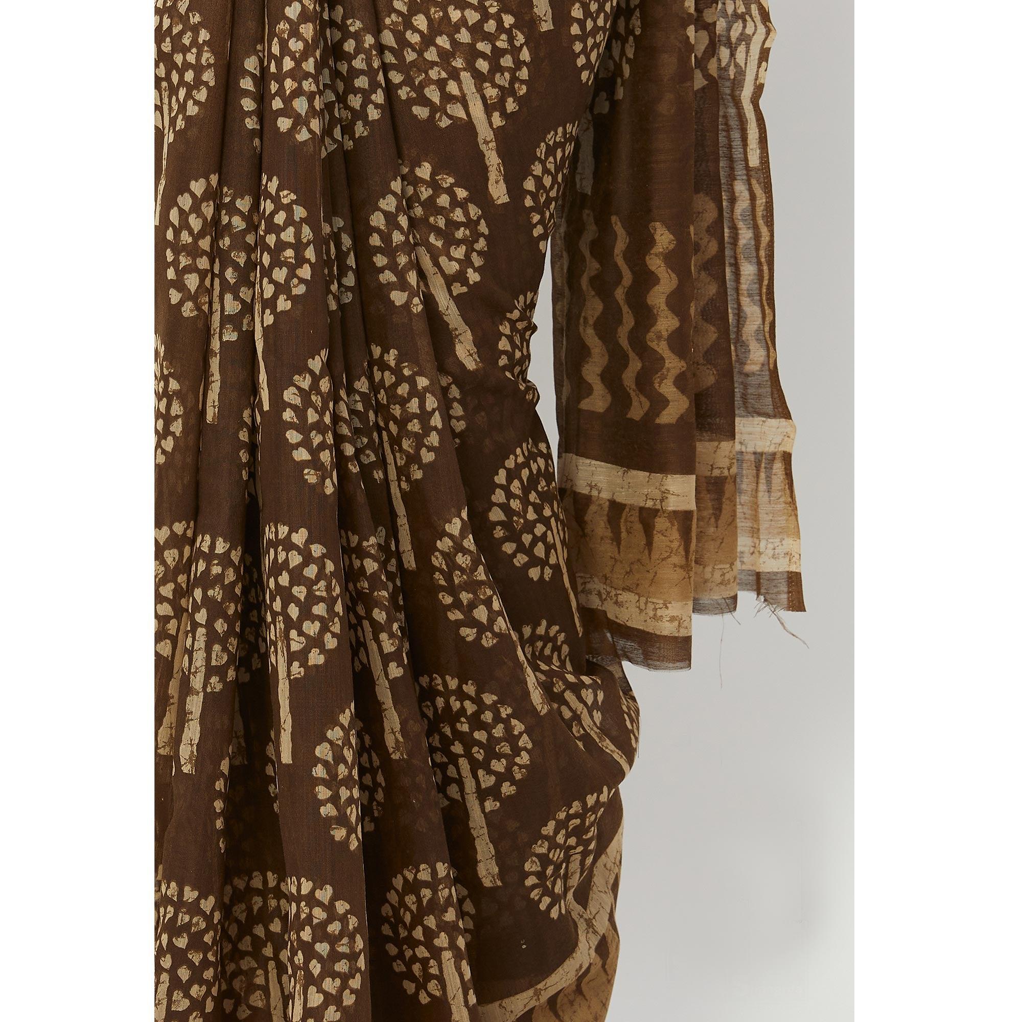 Blissful Brown Colored Casual Wear Floral Printed Linen Silk Saree - Peachmode