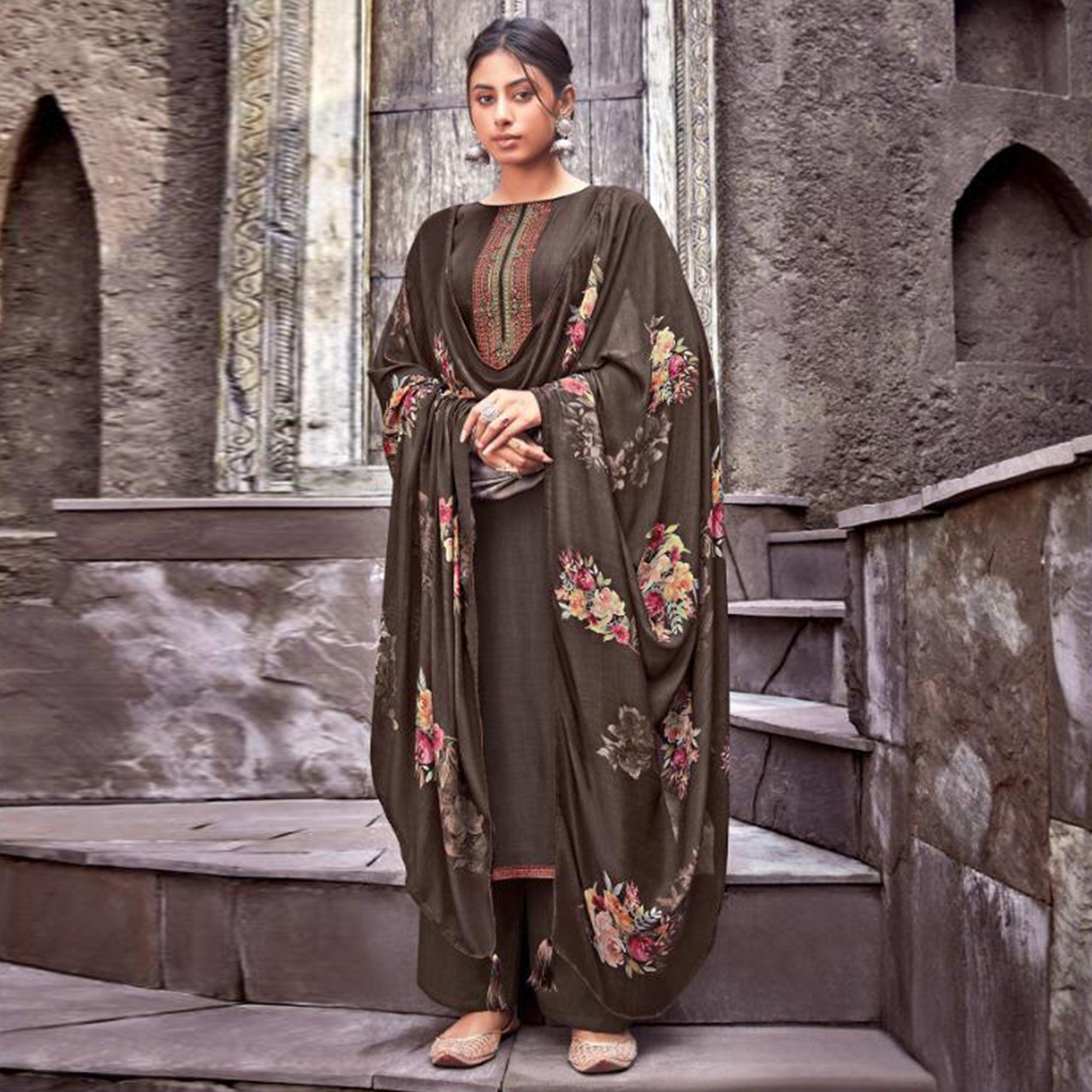 Blissful Brown Colored Partywear Printed Viscose Muslin Suit - Peachmode