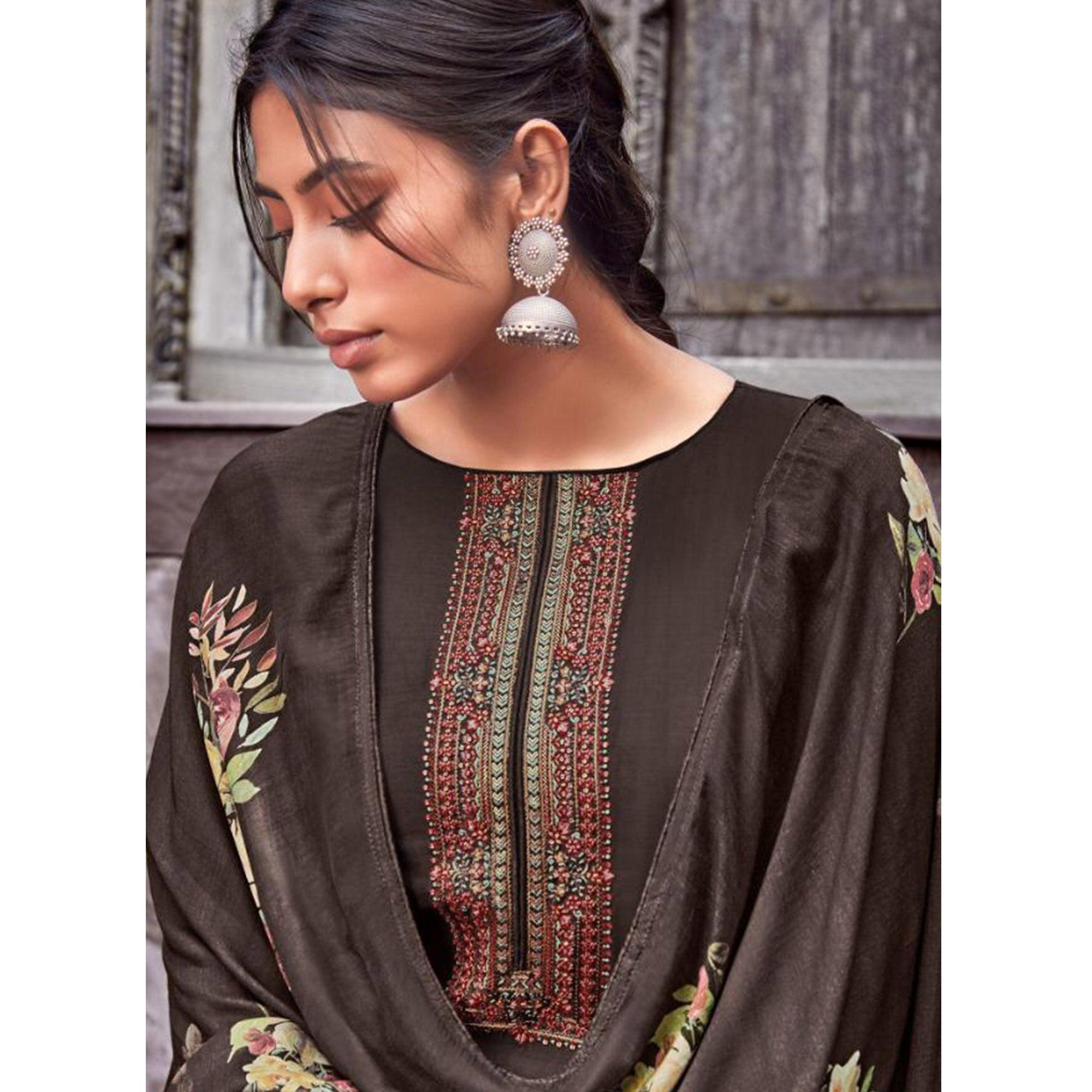 Blissful Brown Colored Partywear Printed Viscose Muslin Suit - Peachmode
