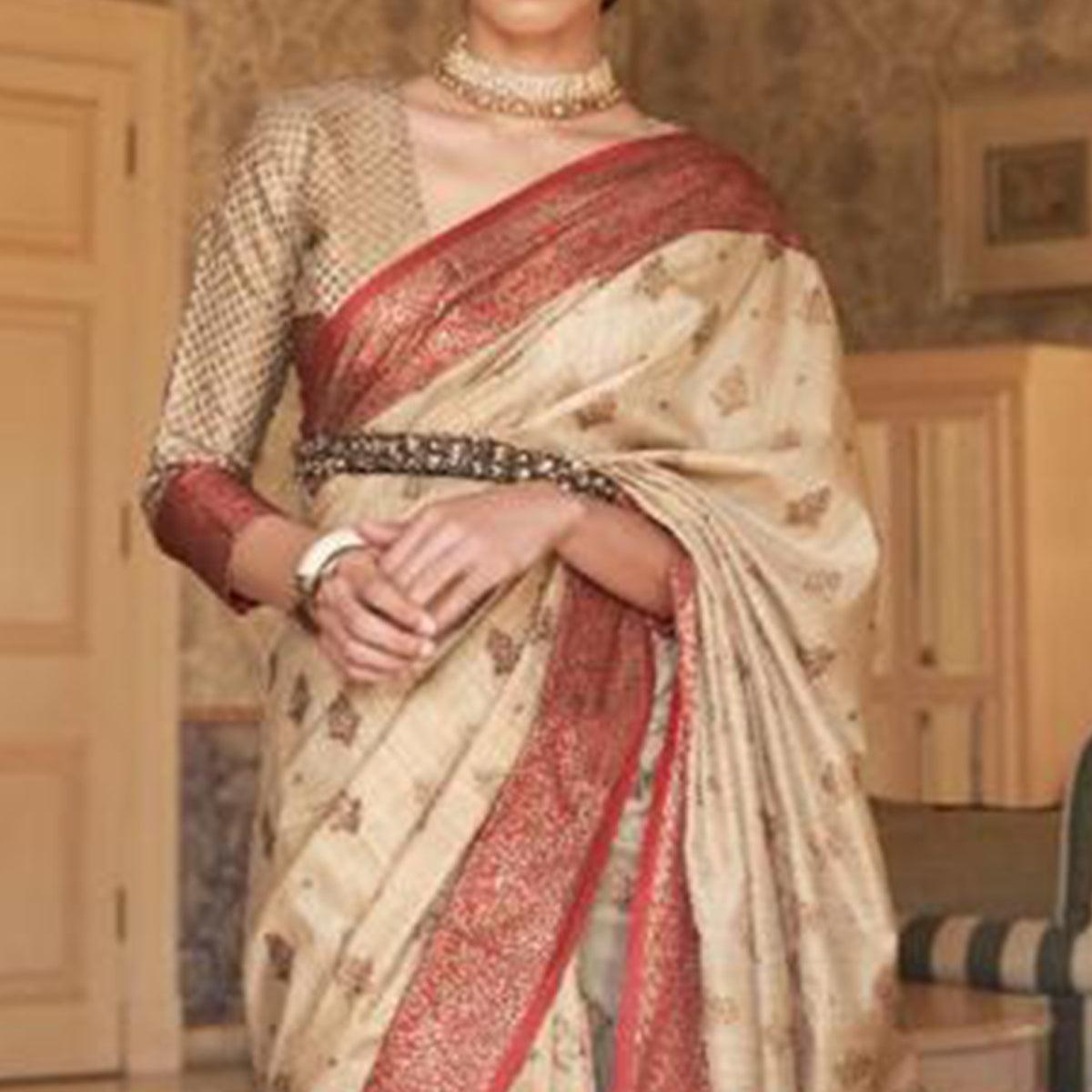 Blissful Cream Colored Festive Wear Woven Silk Saree - Peachmode