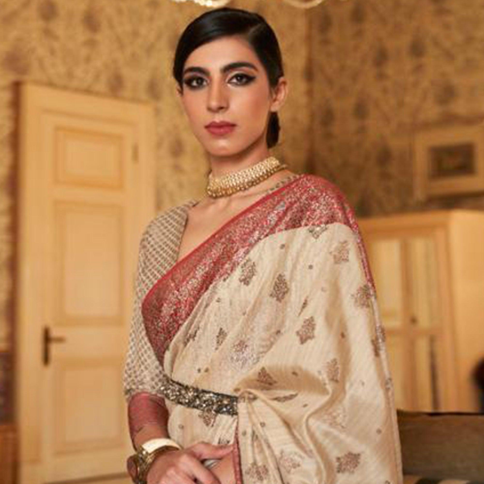 Blissful Cream Colored Festive Wear Woven Silk Saree - Peachmode