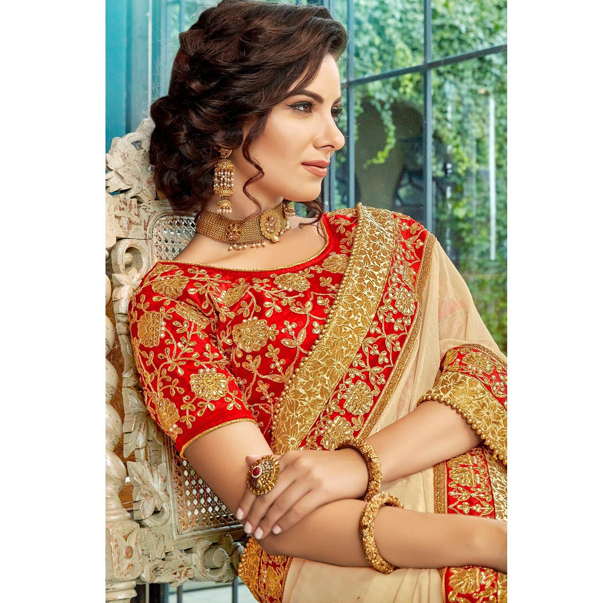 Blissful Cream Colored Partywear Embroidered Georgette Saree - Peachmode