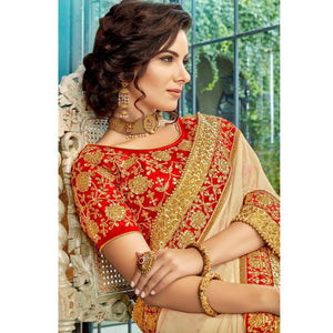 Blissful Cream Colored Partywear Embroidered Georgette Saree - Peachmode