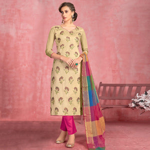 Blissful Cream Colored Partywear Embroidered Pure Cotton Dress Material - Peachmode