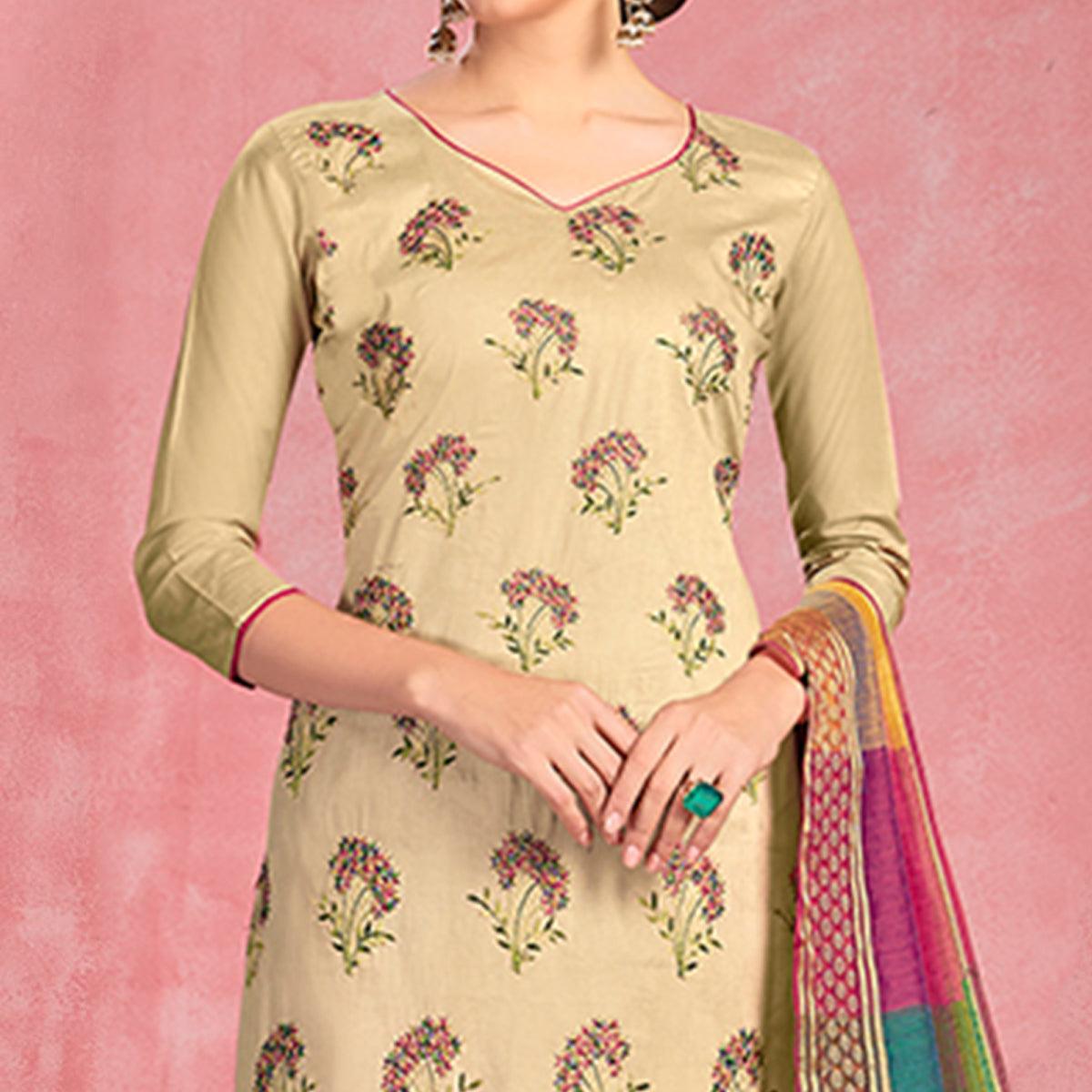 Blissful Cream Colored Partywear Embroidered Pure Cotton Dress Material - Peachmode