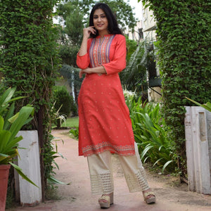 Blissful Dark Peach Colored Casual Wear Printed Cotton Kurti - Palazzo Set - Peachmode