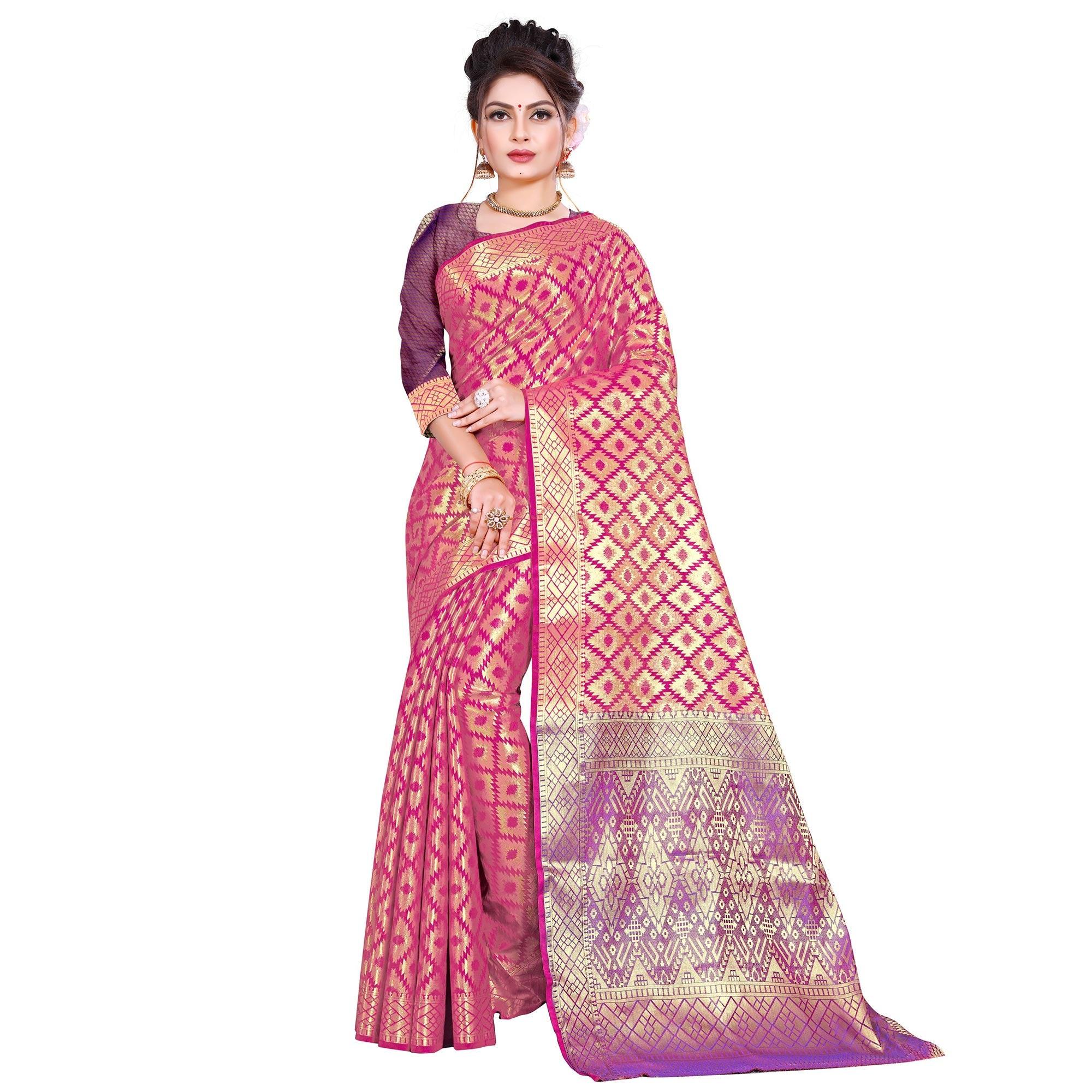 Blissful Dark Pink Colored Festive Wear Woven Kanjivaram Silk Saree - Peachmode