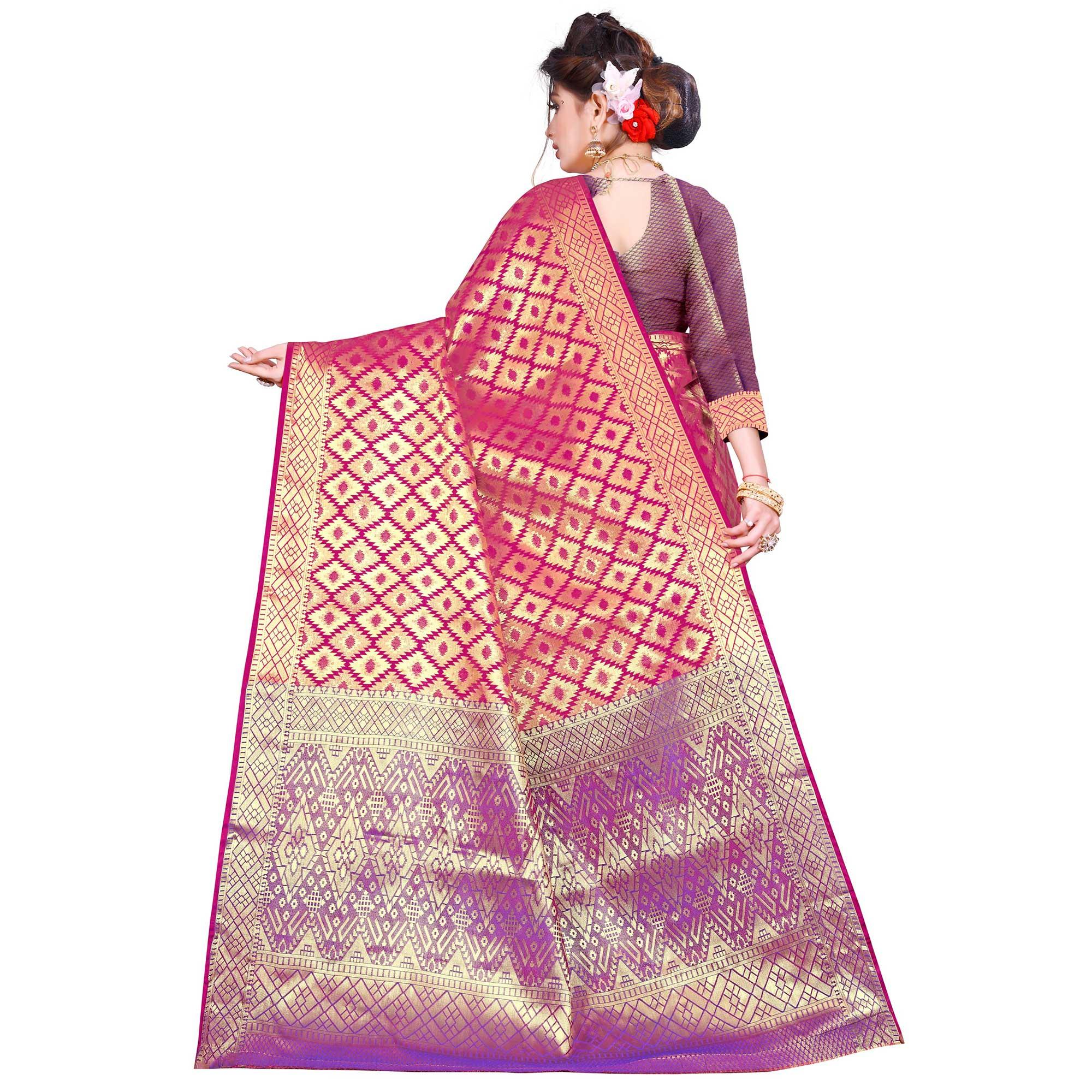 Blissful Dark Pink Colored Festive Wear Woven Kanjivaram Silk Saree - Peachmode