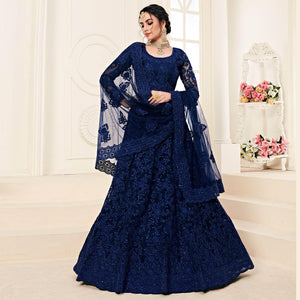 Blissful Deep Blue Colored Cording Embroidery Wedding Wear Net Lehenga Choli - Peachmode