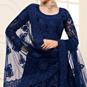 Blissful Deep Blue Colored Cording Embroidery Wedding Wear Net Lehenga Choli - Peachmode