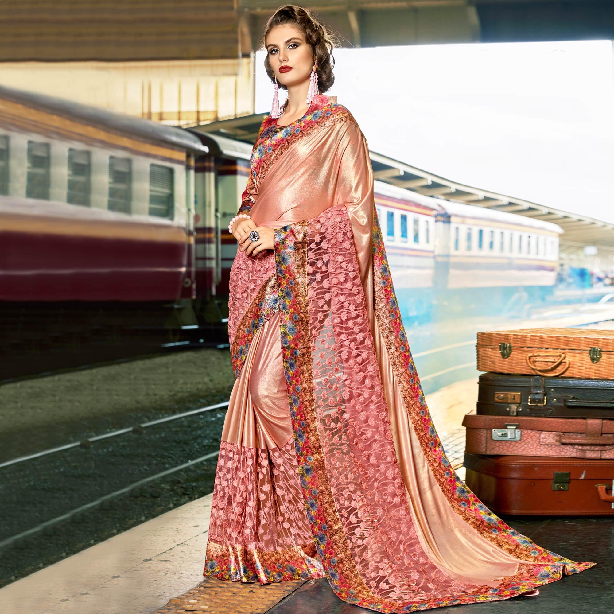 Blissful Dusty Pink Colored Party Wear Printed Art Silk & Net Saree - Peachmode