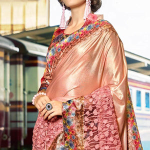 Blissful Dusty Pink Colored Party Wear Printed Art Silk & Net Saree - Peachmode