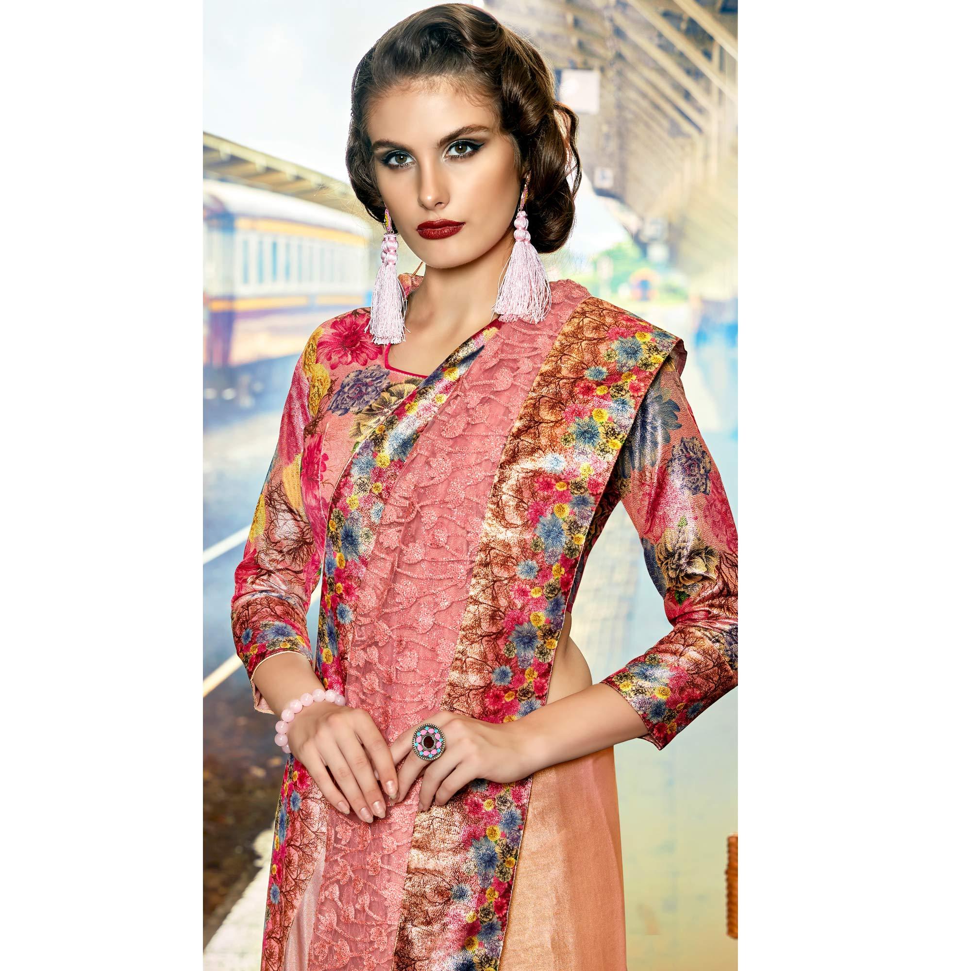 Blissful Dusty Pink Colored Party Wear Printed Art Silk & Net Saree - Peachmode